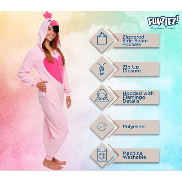 New Funziez! Pink Flamingo Adult One Piece Onesie Costume Pink XL - Picture 2 of 2